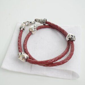 King Baby Thin Braided Double Wrap Red Leather Bracelet w/ Three Hamlet Skulls